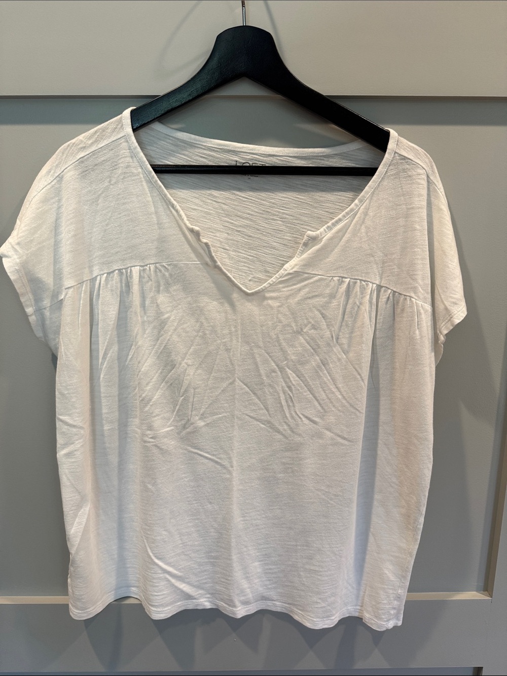 LOFT White V-Neck Short Sleeve Gathered Yoke Top